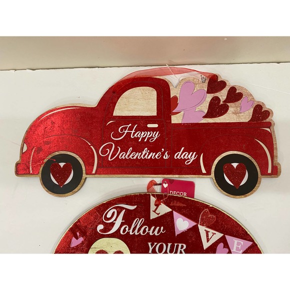 Set of 2 Happy Valentine’s Day Red Truck & Camper Wood Hanging Wall Sign Decor - Picture 3 of 10